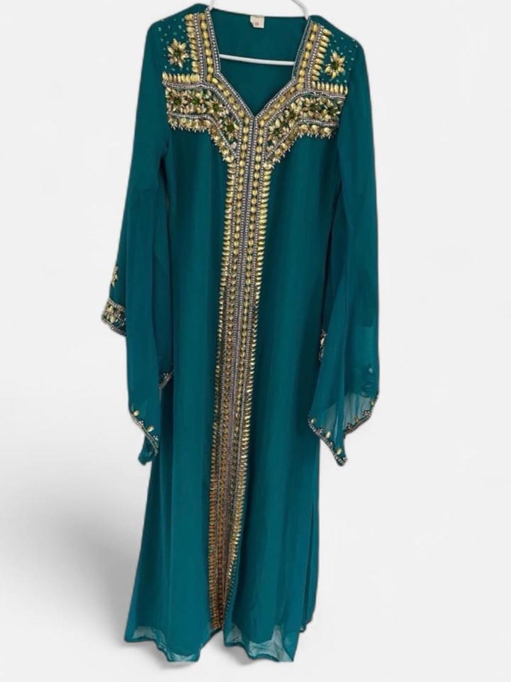 Beaded Teal Maxi Abaya Dress with Gold Embellishment